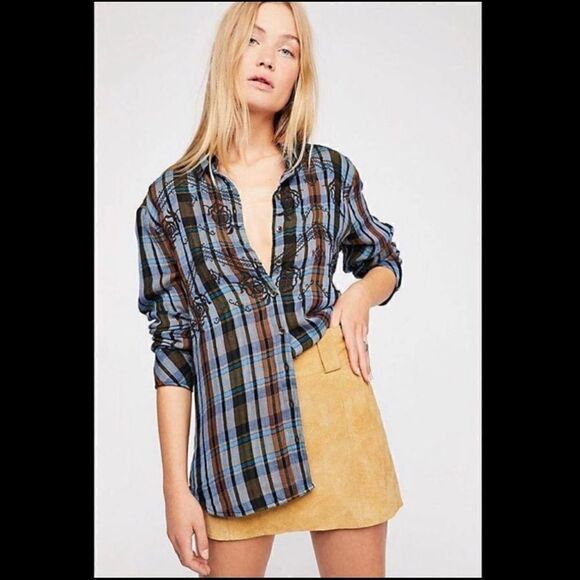 Free People Magical Embroidered Plaid Button Down - Picture 1 of 3